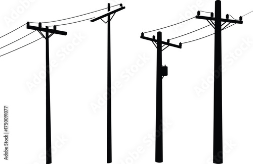 Silhouette utility poles, transformers and insulators, electricity distribution network, power line infrastructure, urban energy grid, electrical system, industrial skyline, comparative designs