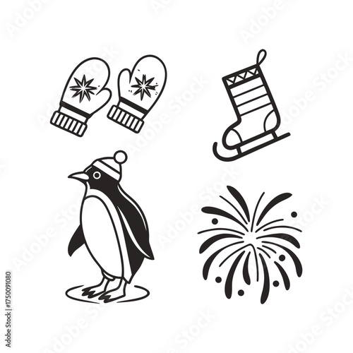 Winter holiday icons set festive penguin ice skates fireworks and mittens graphic element isolated on transparent background