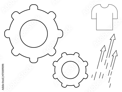Two interlinked gears beside a shirt outline and upward arrows signify innovation, teamwork, efficiency, growth, customization, improvement, and progress. A simple flat metaphor