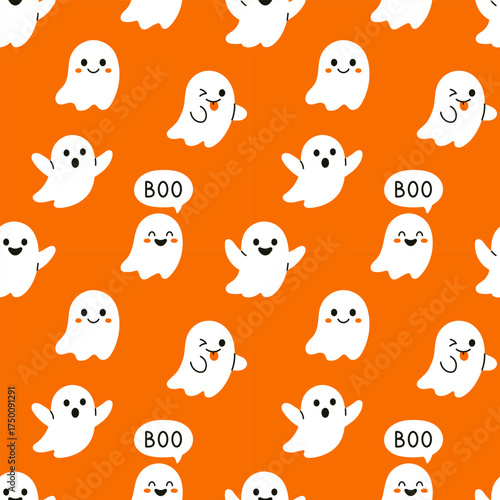 Vector seamless pattern with cute white ghost and boo speech bubble on orange background. Cartoon spooky halloween print for wrapping, wallpaper, textile, and festive decor.