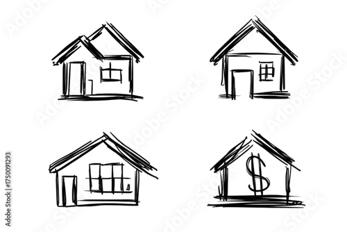 Set of four hand drawn house icons in a rough sketch style.