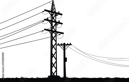 Transmission tower silhouette, utility pole with transformer, high voltage infrastructure, electricity distribution system, urban energy grid, comparative electrical design, power network