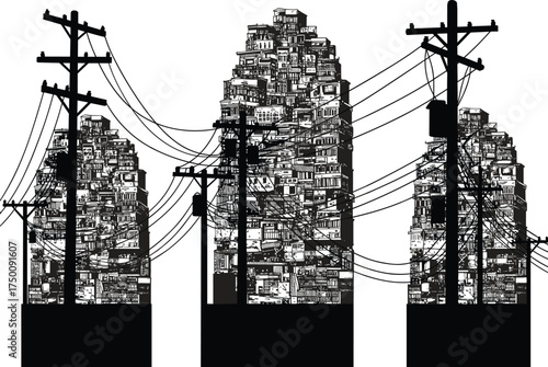 Silhouette utility poles, urban slum buildings, electricity distribution network, overcrowded housing, power line infrastructure, dense cityscape, electrical grid, industrial skyline, urban complexity