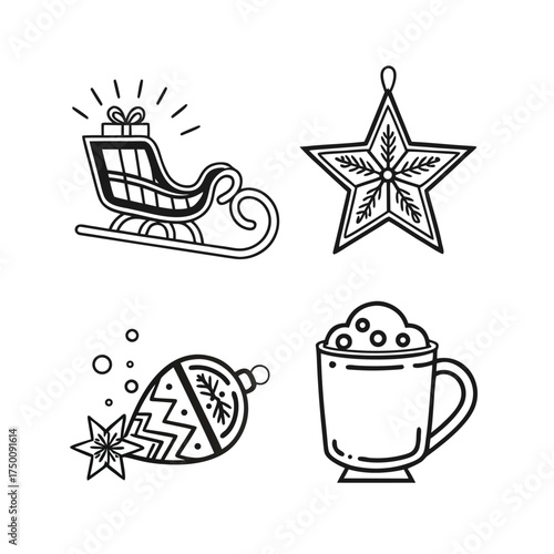 Set of four outline icons for winter holiday and celebration themes isolated on transparent background