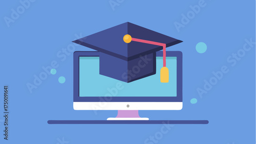 An animated graduation cap hovering over a computer screen symbolizing the achievement of completing an online course.