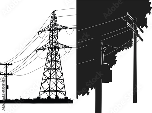 Transmission tower silhouette, utility poles with power lines, high voltage infrastructure, electricity distribution system, urban energy grid, comparative electrical design