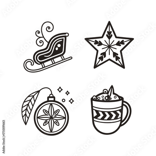 Festive christmas holiday icons sleigh star orange hot cocoa cup collection isolated on transparent background