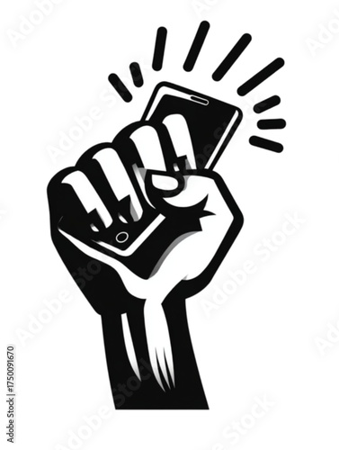 A powerful raised fist clutching a glowing smartphone icon.