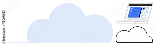 Laptop with file sharing UI overlays minimalist cloud shapes. Ideal for technology, cloud storage, remote work, data access, digital collaboration, modern business, efficiency. Simple flat metaphor