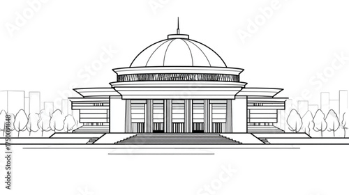 Architectural line drawing of a classical style government building.