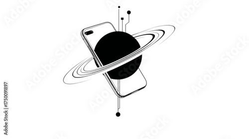 Abstract line art of a mobile phone with planetary orbits.