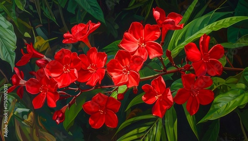 Vibrant Red Flowers in Lush Greenery.