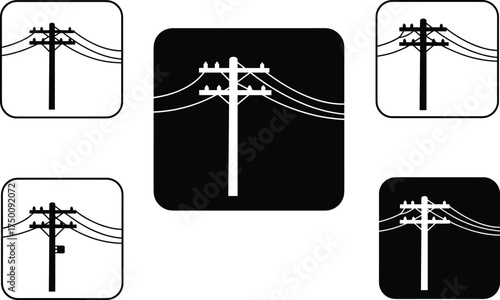 Utility pole icons, silhouette electricity distribution, bird on power line, transformers and insulators, urban energy grid, electrical system, comparative designs