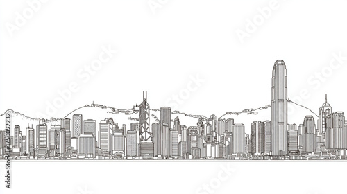 Hand drawn sketch of the iconic Hong Kong city skyline.