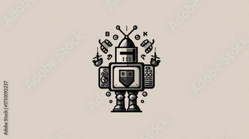 Vintage monochrome illustration of a medieval robot knight character.