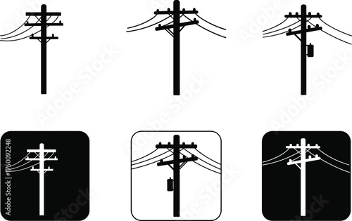 Utility pole icons, silhouette electricity distribution, power line infrastructure, transformers and insulators, urban energy grid, electrical system, industrial skyline, comparative designs