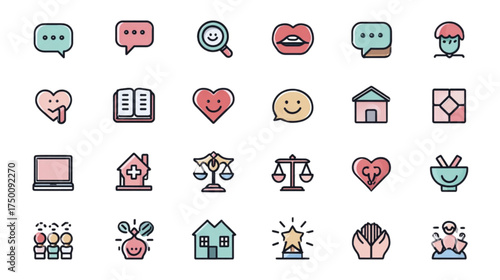 Colorful line art icon set for community and well being concepts.