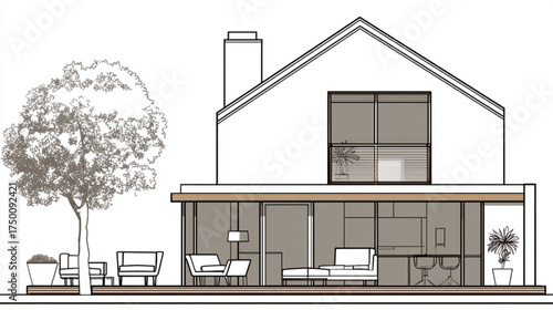 Architectural Line Drawing of a Modern Two Story Residential House.
