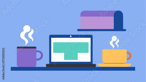 An Lshaped desk setup with a laptop and two coffee mugs one steaming the other full situated next to a simple calendar.