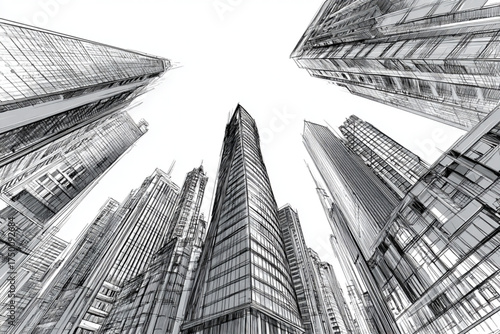 Black and white architectural rendering of towering city skyscrapers.