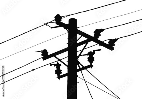 Utility pole silhouette with crossarms and insulators, electrical distribution network, urban energy infrastructure, power line system, electricity grid, engineering illustration