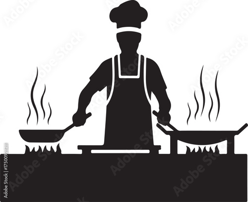 Silhouette of a chef skillfully cooking multiple dishes simultaneously on a stovetop creating delicious meals and culinary experiences