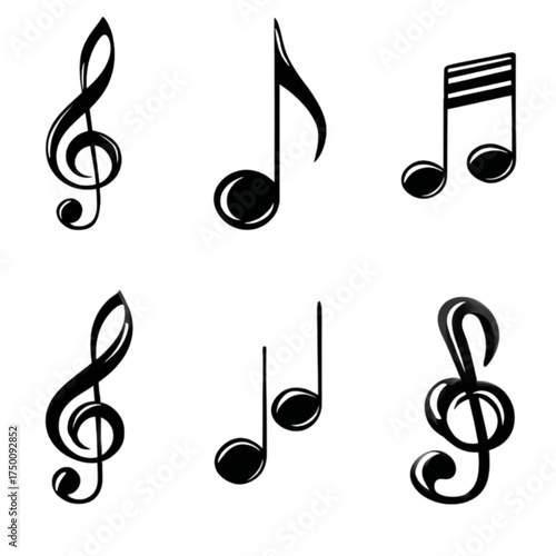 A collection of various black musical notes and clefs.