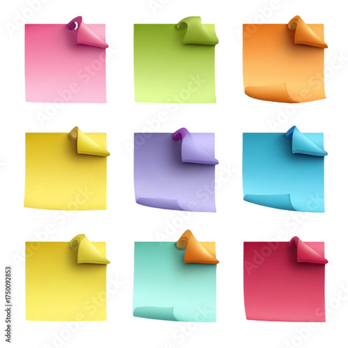 Collection of colorful square sticky notes with curled corners.