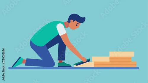 Illustrated workflow of laying down laminate flooring depicting someone snapping planks together with a tapping block and spacers.
