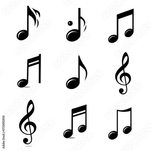 A diverse collection of black musical notes and symbols.