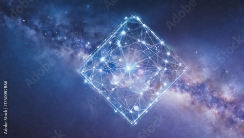 A luminous, three-dimensional geometric shape, interconnected by lines, floats against a starry backdrop