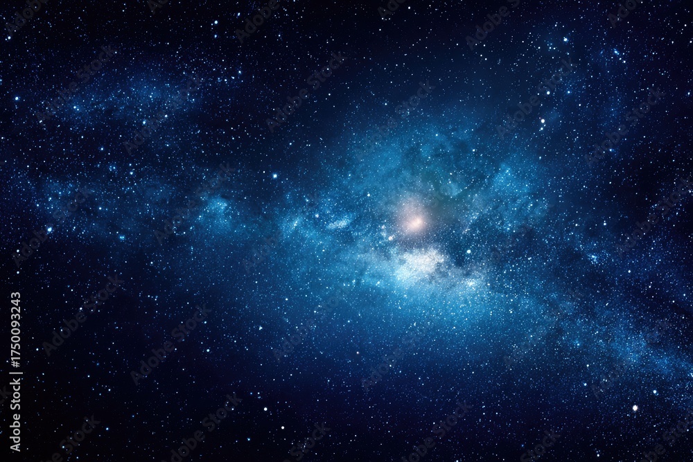 Naklejka premium Deep blue celestial view of a star-filled galaxy with a bright center