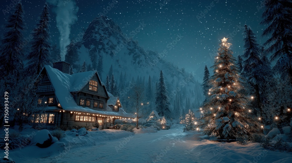 Fototapeta premium 雪に覆われた山間の家と装飾されたクリスマスツリーが輝く冬の夜景 | Winter night landscape with a snow-covered mountain house and illuminated Christmas trees