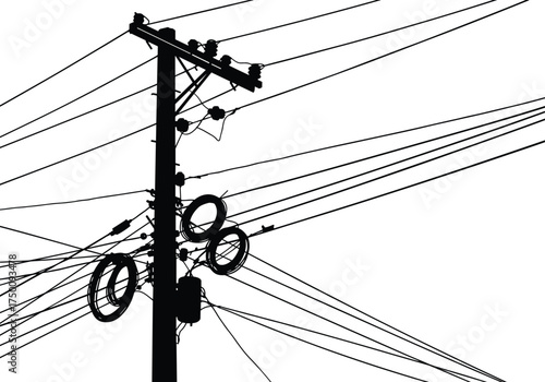 \Utility pole silhouette, electricity distribution network, power line infrastructure, transformers and insulators, urban energy grid, electrical system, complex wiring, industrial skyline