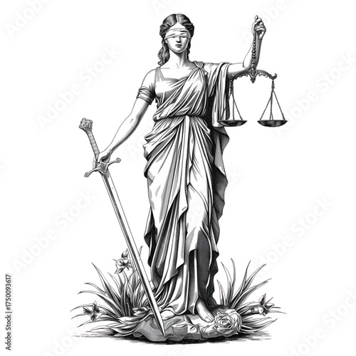 Lady justice statue holding scales and sword with blindfold and flowers