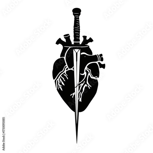 Stylized anatomical heart pierced by a sword