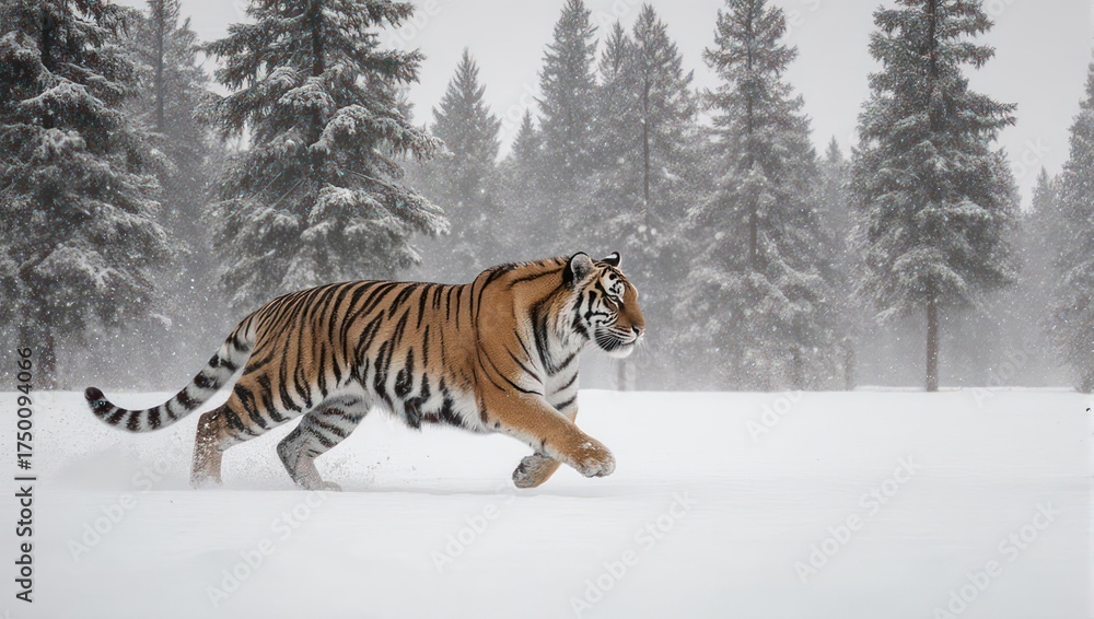 Obraz premium A majestic tiger sprints across a snow-covered landscape, evergreen trees in the background