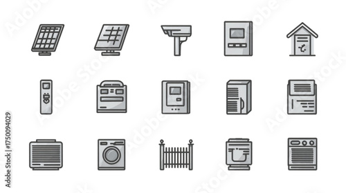 Hand drawn doodle icon set of smart home technology and appliances.