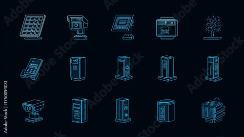 Collection of futuristic holographic technology interface and server icons.