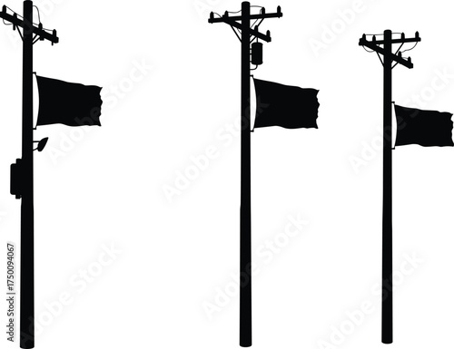 Utility pole silhouettes with flags and insulators, electrical distribution network, urban energy infrastructure, power line system, electricity grid, symbolic design illustration