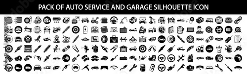 Vector art of a comprehensive set of auto service and garage silhouette icons, depicting various car maintenance, repair, and automotiverelated elements, isolated on a
