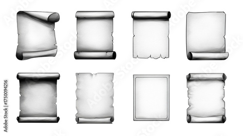 Monochrome collection of ancient rolled paper manuscripts and scrolls.