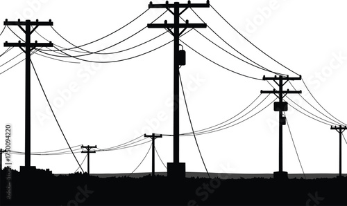 Utility pole silhouettes with power lines, rural electricity distribution network, energy infrastructure illustration, countryside landscape design, electrical grid system, telecommunications support