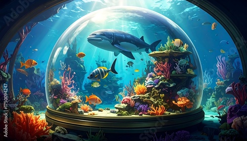 Ocean Aquarium Glass Dome with Fish and Shark.