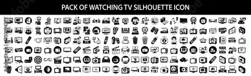 Vector art of pack of watching tv silhouette icons, a collection of various television and media related icons in a silhouette style, perfect for digital interfaces and presentations