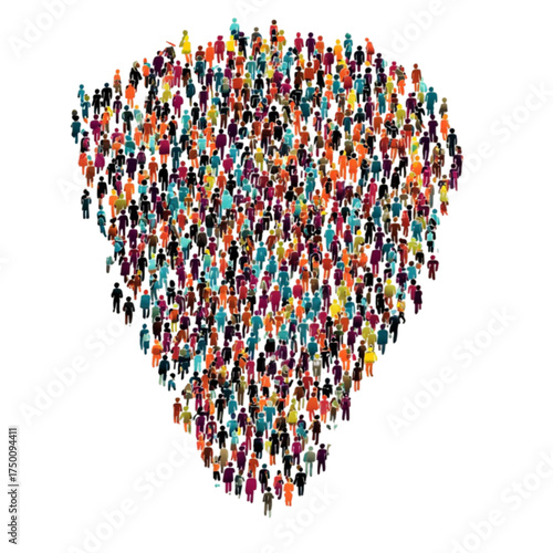 A large diverse crowd of colorful people forming a shield shape.