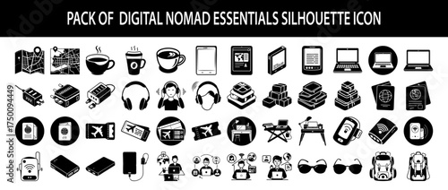 Vector art of pack of digital nomad essentials silhouette icon