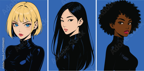 Stylish illustration of three women in black outfits with sleek hairstyles and confident expressions. Bold anime-inspired portrait art with a vibrant blue background and strong graphic lines.