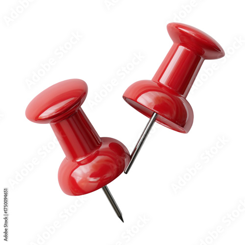 Two vibrant red plastic pushpins with sharp metal points.