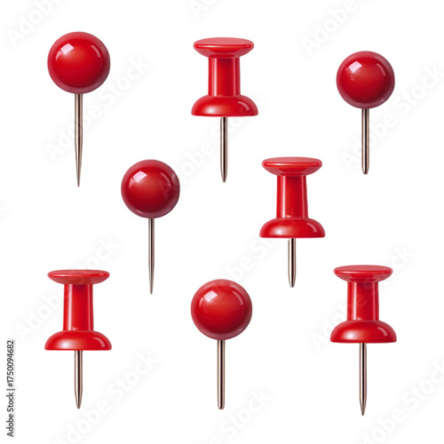 A collection of various red pushpins and thumbtacks on a white background.